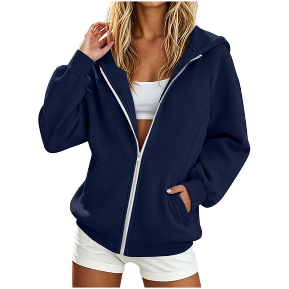 Edvintorg Womens Zip Up Sweatshirt Long Sleeve Loose Casual Hoodies with Pockets Trendy Womens Clothes Navy L