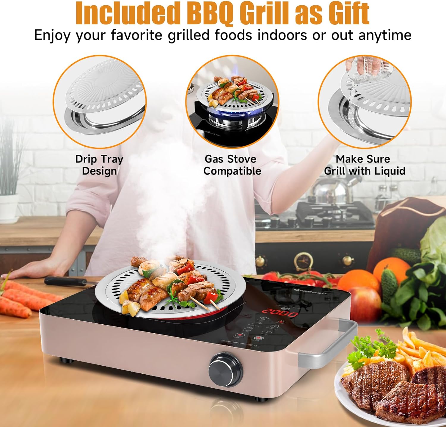 2000W Electric Hot Plate Single Burner, Portable Stove Top Burner 110V Kitchen Stove Countertop Burner for Cooking Outdoor Indoor (Korean BBQ Plate Included)