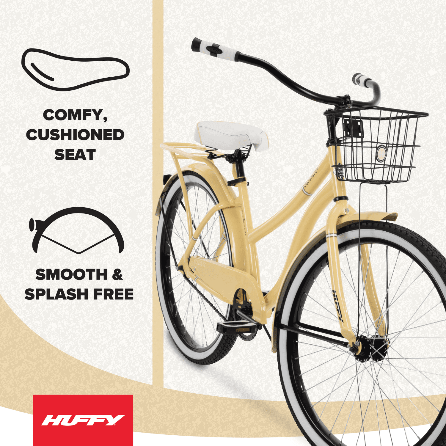 Huffy 26" Woodhaven Cruiser Bike, Fits Riders 60"+, Cream Yellow, Adult, Women's