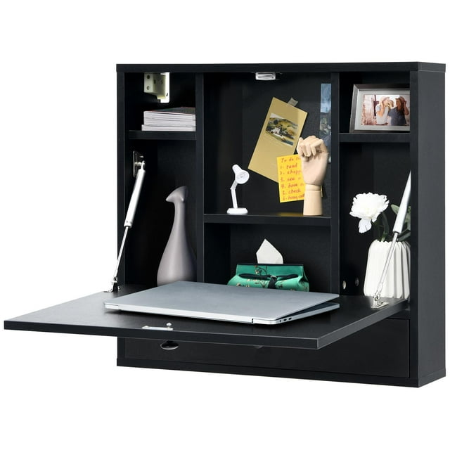 Giantex Floating Desk, Small Wall-mounted Computer Desk w/ Storage Drawer & Shelves, Convertible Writing Desk w/ Fold-up Desktop for Home Office Dormitory Small Spaces, Black