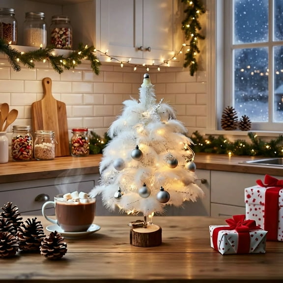 18 Inch Tabletop Mini Artificial Christmas Tree with LED String Lights and Hanging Ornaments, Battery Powered for Indoor Holiday Decoration (White)