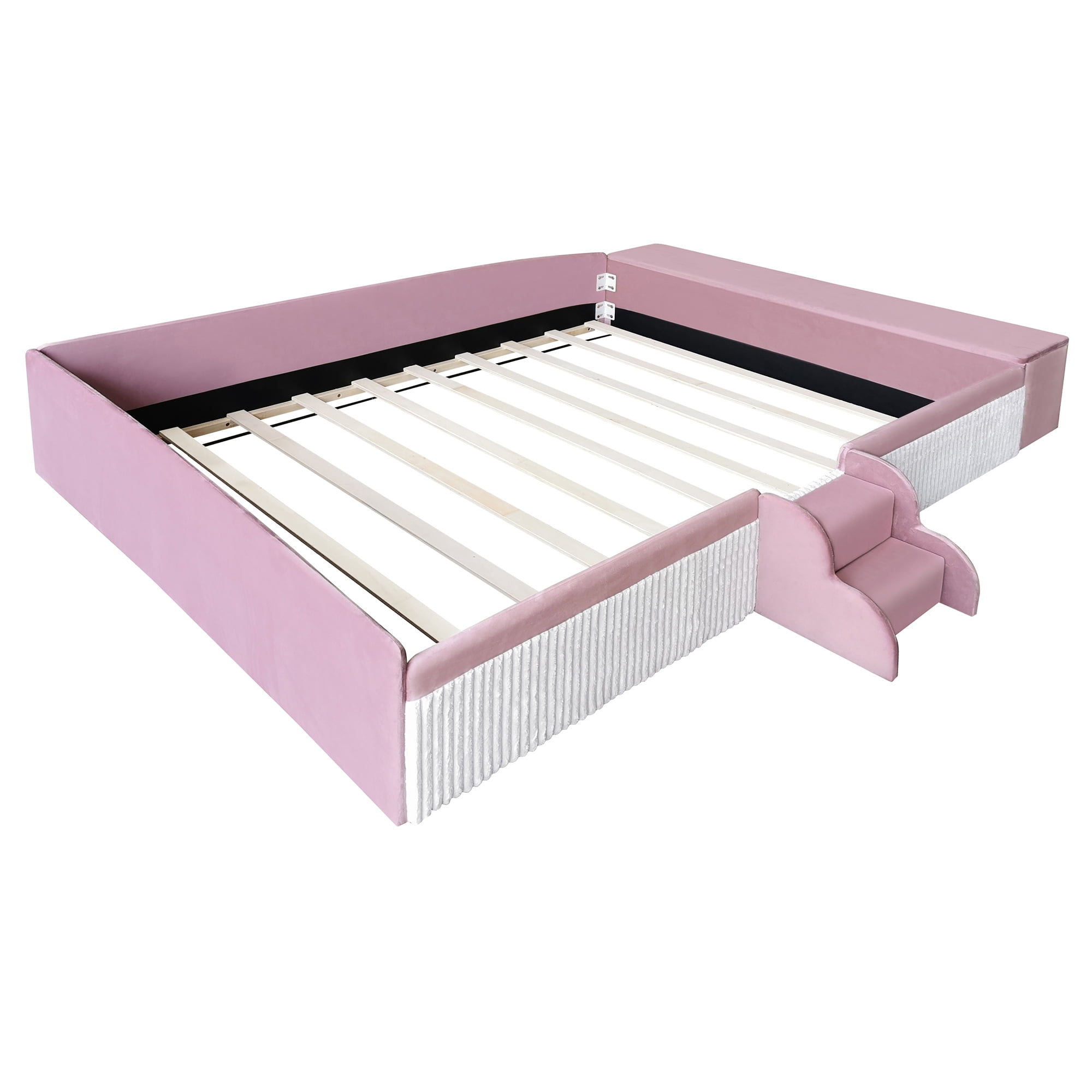 Leumius Queen Size Floor Bed Frame with Stairs & Gas Lift Storage Ottoman, Velvet Upholstered Daybed with Padded Guardrails, Pink+White