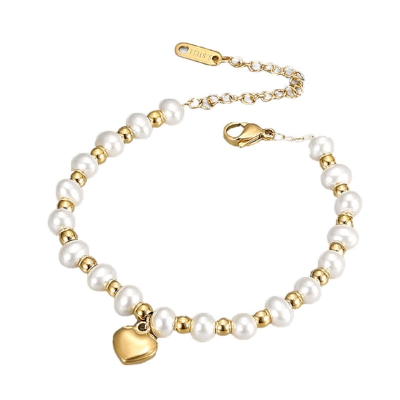 Gold Bracelet for Women, Stainless Steel Pearl Chain with Heart Bangle, Adjustable Wedding Jewelry, Elegant Gift for Her, Girlfriend, Mom