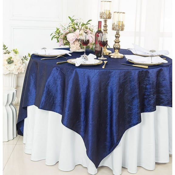 Wedding Linens Inc. 85" Square Crushed Crinkle Taffeta Table Overlay Toppers - Navy Blue