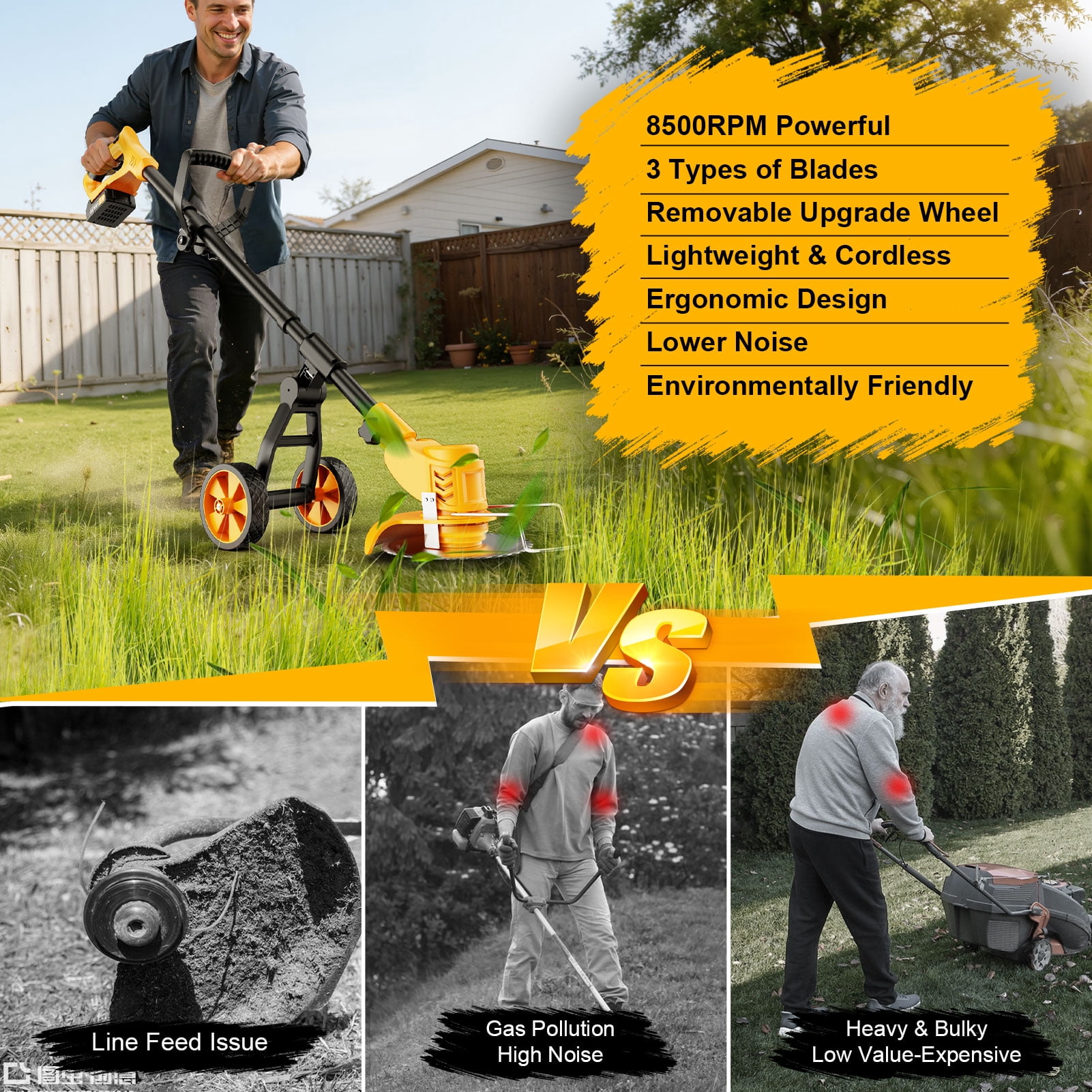 Lemolifys Electric Weed Wacker, 3-in-1 Cordless String Trimmer with 4000mAh Battery, 3 x 6″ Blades, Wheels & Adjustable Length for Lawn Yard Garden