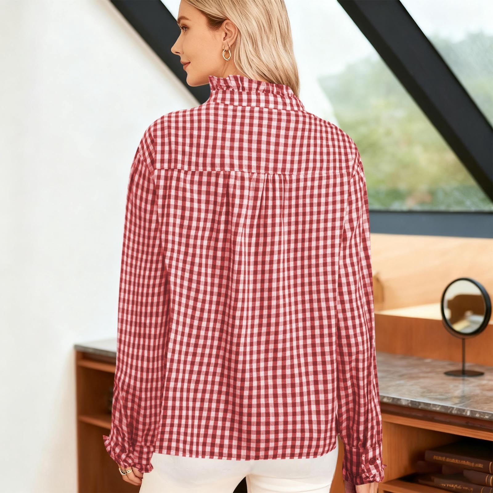 Red Gingham Ruffled Long Sleeve Blouse for Women - Soft Stretch