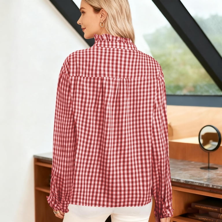 Red Gingham Ruffled Long Sleeve Blouse for Women - Soft Stretch