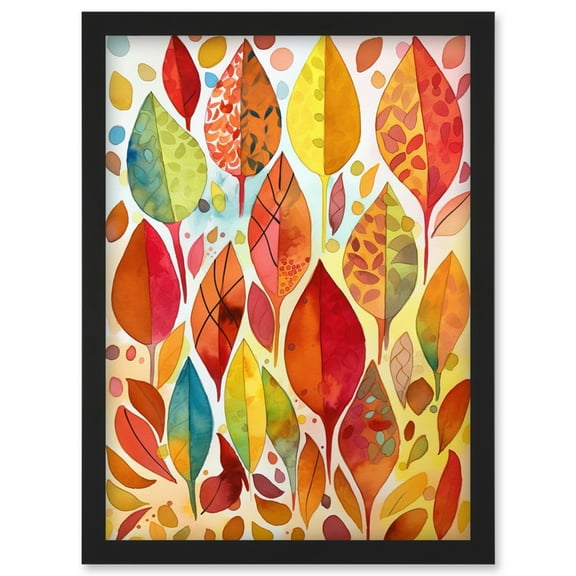 Autumn Leaves With Multicoloured Patterns Folk Art Watercolour Painting Artwork Framed Wall Art Print A4