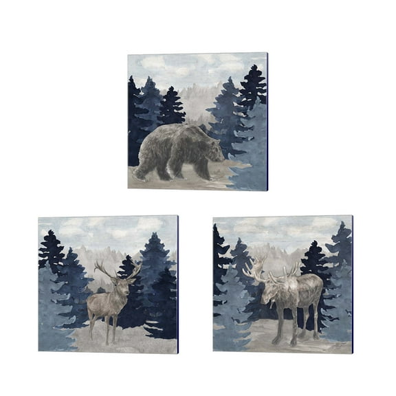 Great Art Now Blue Cliff Mountains Scene - Deer, Bear, Moose by Tara Reed 3 Piece Canvas Art Set Each 14"W x 14"H