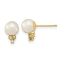 Primal Gold 14 Karat Yellow Gold 6-7mm White Round Freshwater Cultured Pearl .06ct Diamond Post Earrings