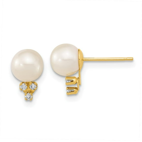 Primal Gold 14 Karat Yellow Gold 6-7mm White Round Freshwater Cultured Pearl .06ct Diamond Post Earrings