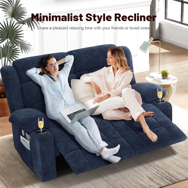 ODUMDUM Loveseat Recliner Sofa, Fabric Manual Pull Tab Reclining Loveseat with USB Charge Ports, Cup Holders, Recliner Love Seat Couches for Living Room, RV, Blue