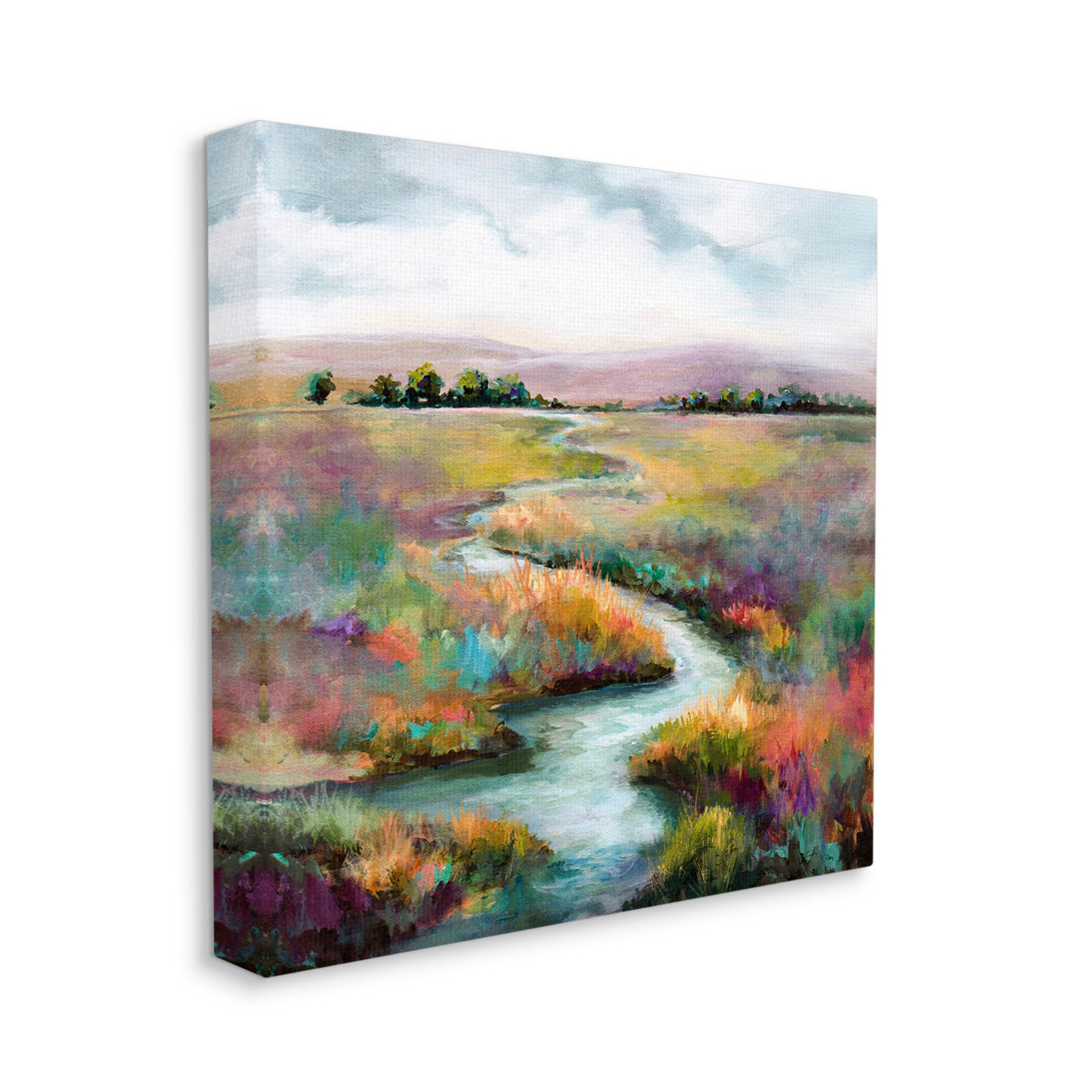 Vivid River Flowing Rural Vegetation Landscape Painting Gallery Wrapped Canvas Print Wall Art