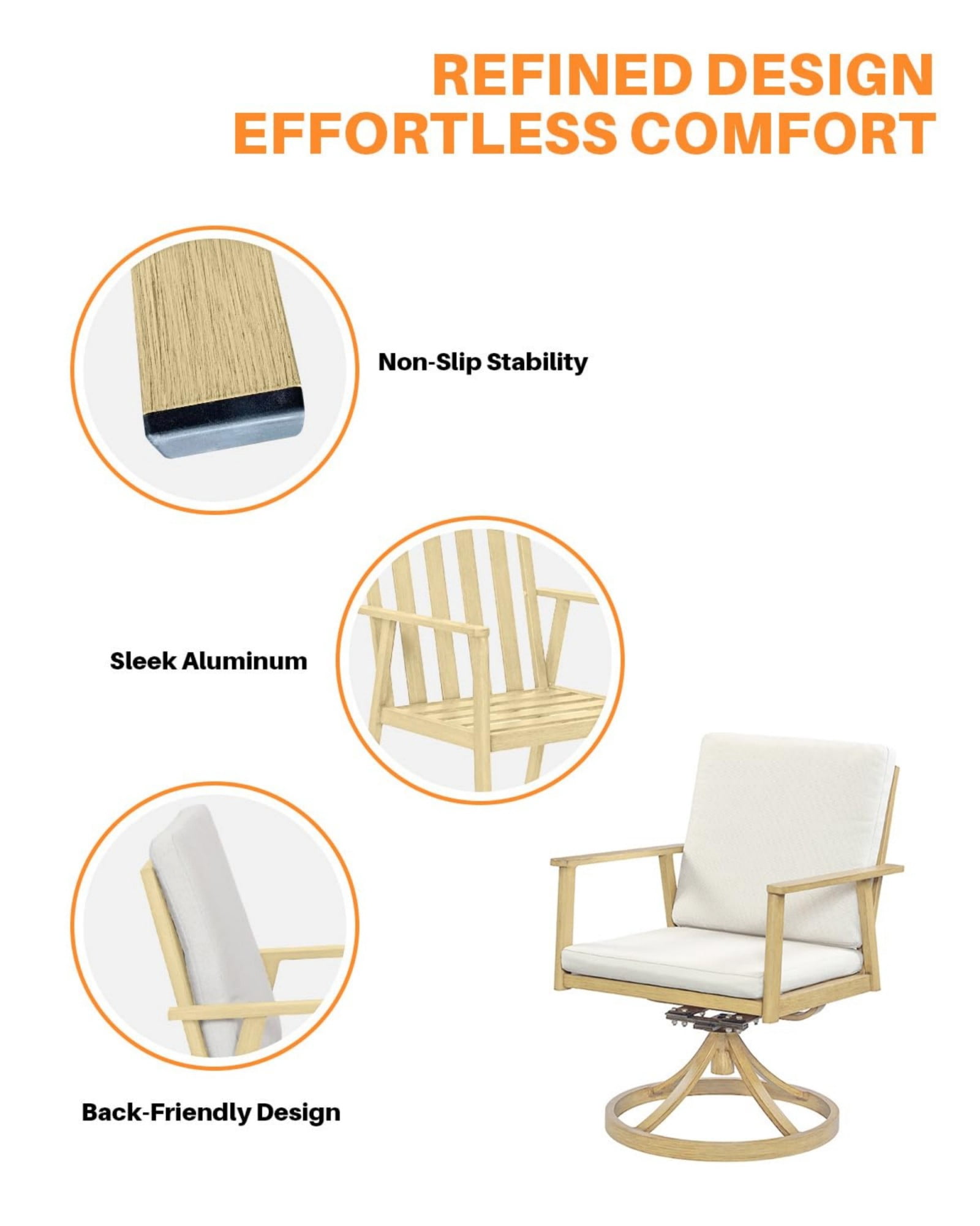 Swivel Outdoor Dining Chairs Set of 2, Aluminum Patio Dining Chairs with 360° Swivel, Thick Cushions, All Weather Rustproof Chairs for Patio, Garden, Balcony, Poolside, Natural