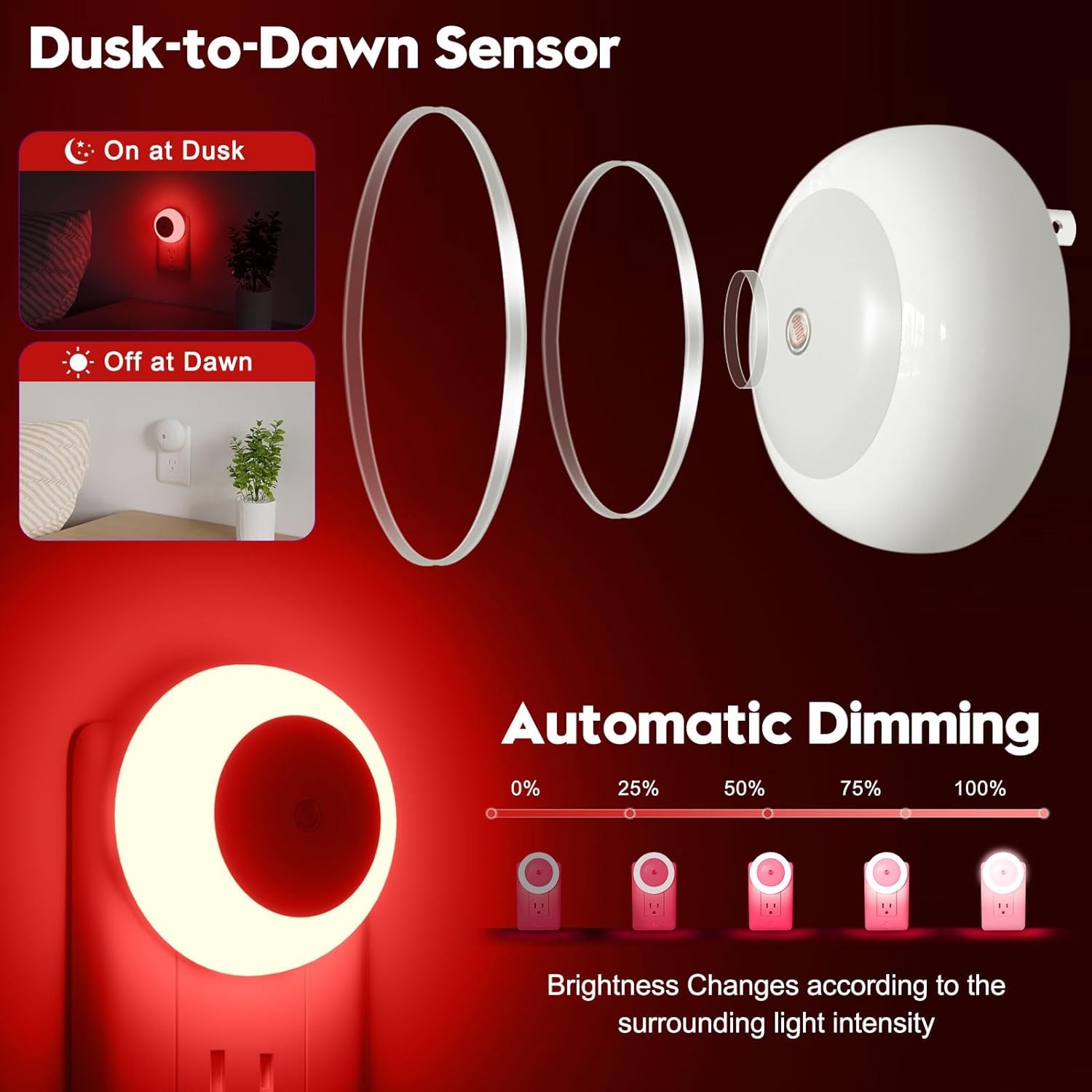 BIBEARBIBEAR Night Light, Night Lights Plug into Wall, Dusk to Dawn Sensor, Red Led Night Light 0.5W, 2 Pack Nightlight for Adults, Bedroom, Bathroom, Hallway, Kitchen