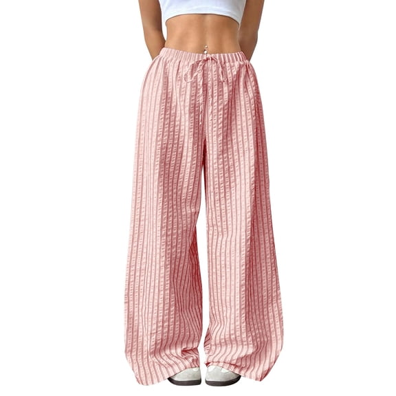 RQYYD Women's Striped Wide Leg Casual Pants Oversized Drawstring Waist Baggy Trousers