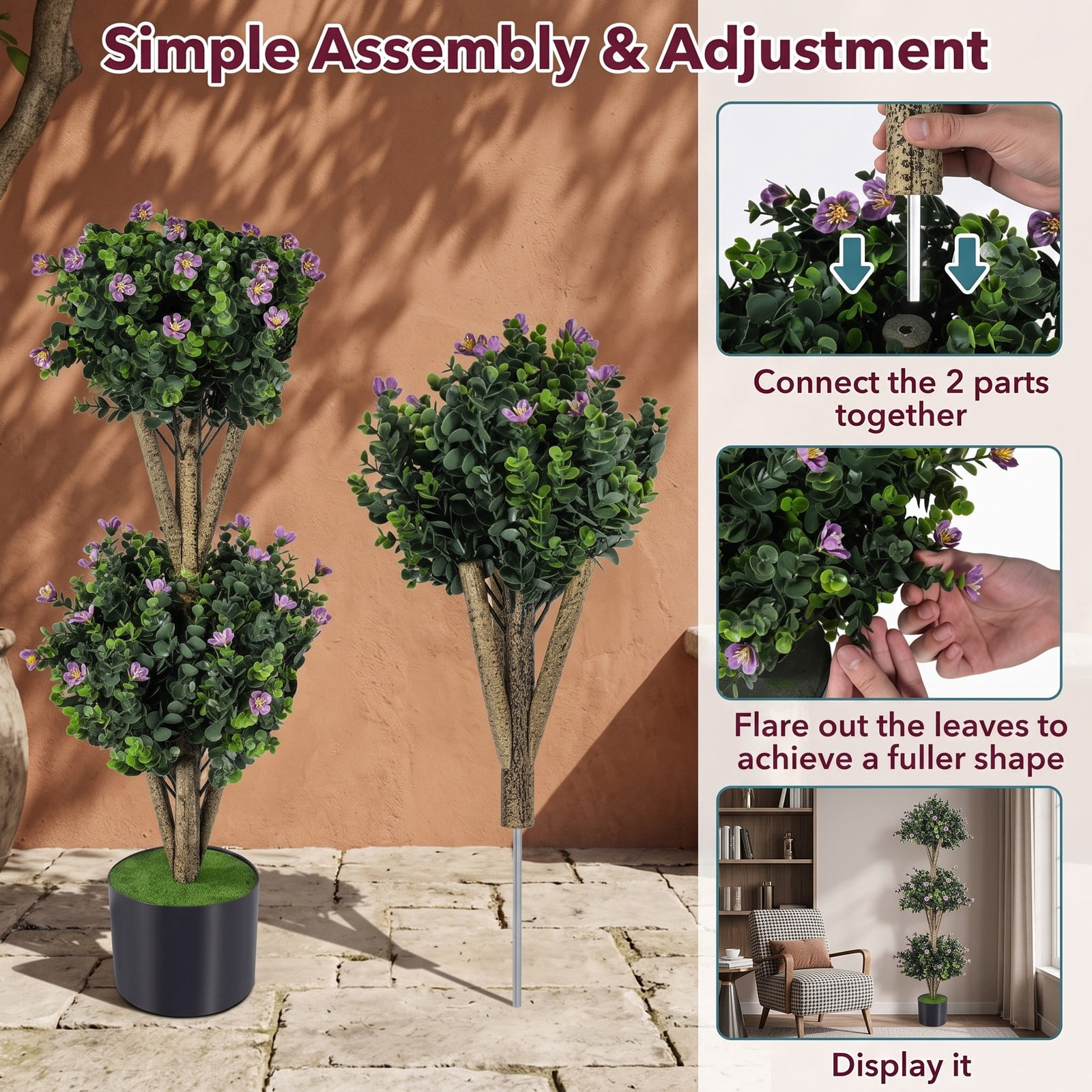 Fenbeli 51 Inch Artificial Triple Ball Boxwood Topiary Tree with 59 Purple Blossoms, Faux Potted Boxwood Plant with Cement-Filled Pot for Indoor Outdoor Porch, Purple