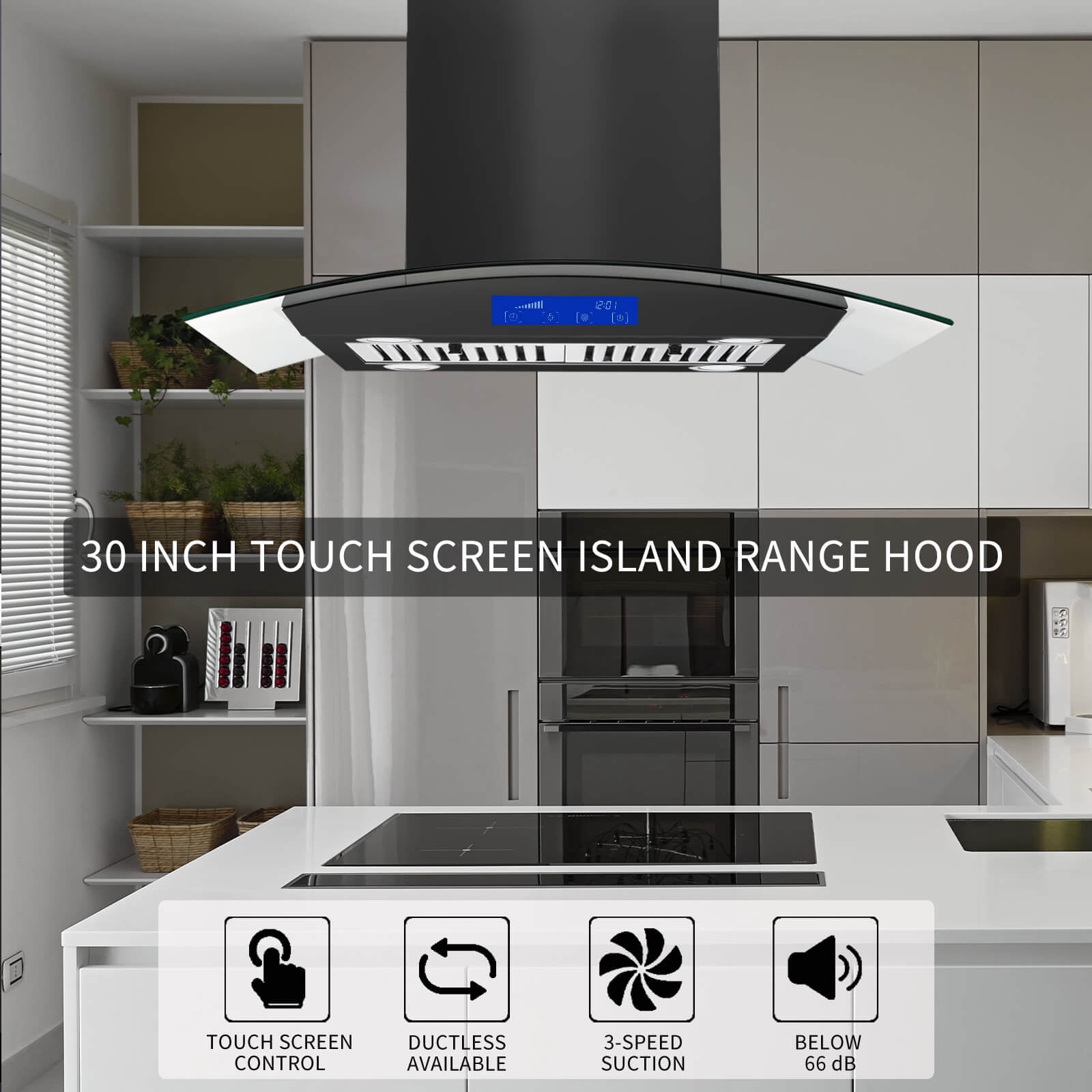 Range Hood 30-inch Island Mount Vent Hood 900 CFM Kitchen Stainless Steel 3-Speed Touch Control
