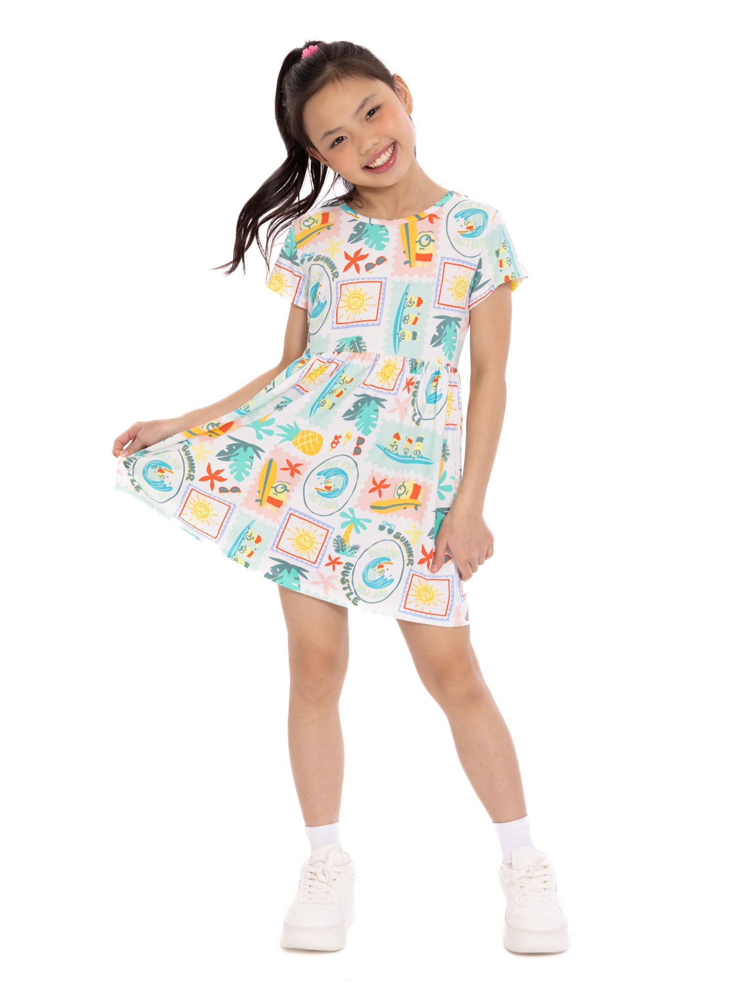 Minions Girls Allover Print Dress with Short Sleeves, Sizes 4-12