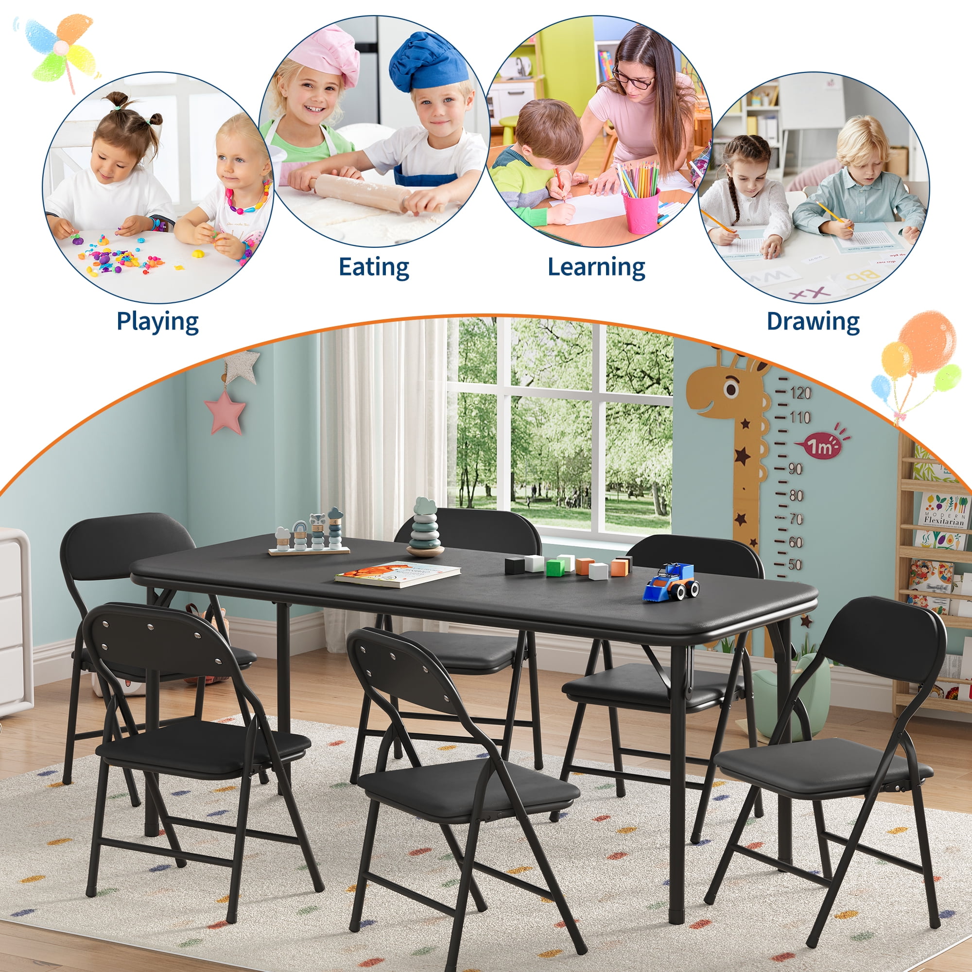 Ultra Soft PU Padded 1/5/7-Piece Kids Folding Table and Chairs Set – Durable Steel Frame, Anti-Slip Feet, No Assembly – Portable for Study, Dining, Learning Space, Play