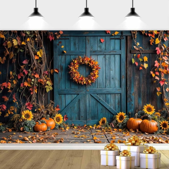 Fall Pumpkin Backdrop Autumn Thanksgiving Harvest Barn Door Leaves Wooden Photography Background Sunflower Maple Baby Shower Banner Decoration Party Supplies Photo Backdrop Booth Prop