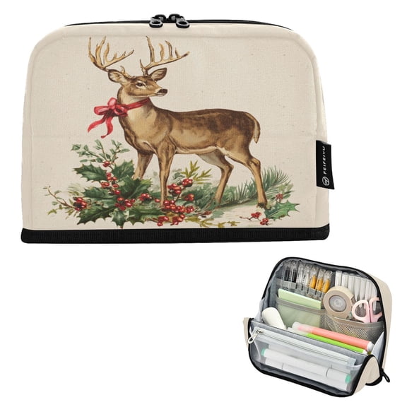 Standing Pencil Case with Base Large Capacity Stationery Pouch Pen Bag with Zipper for Women Men Christmas Deer with Greenery