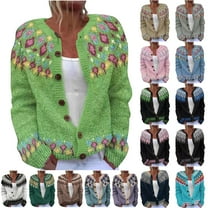 JTZGDY Plus Size Cardigan Sweater Tops for Women Fall Winter Vintage Floral Printed Long Sleeve Button Down Cable Knitted Pullover Sweater Ethnic Style Thick Warm Outfit Clothes Blue L