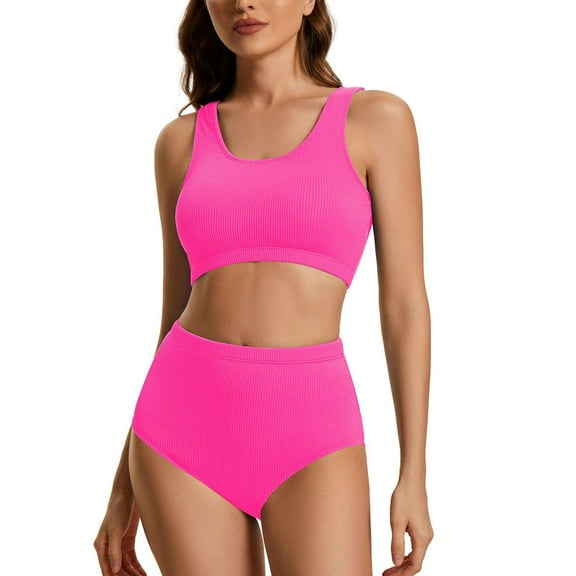 Women's Ribbed Swimsuit, High Waisted Two Piece Bathing Suit with Removable Pads, Summer Beach Vacation Swimwear