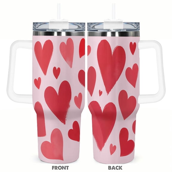 40oz Heart Pattern Tumbler with Handle and Straw Romantic Red Hearts Insulated Car Cup Stainless Steel Travel Coffee Cup Gift for Women