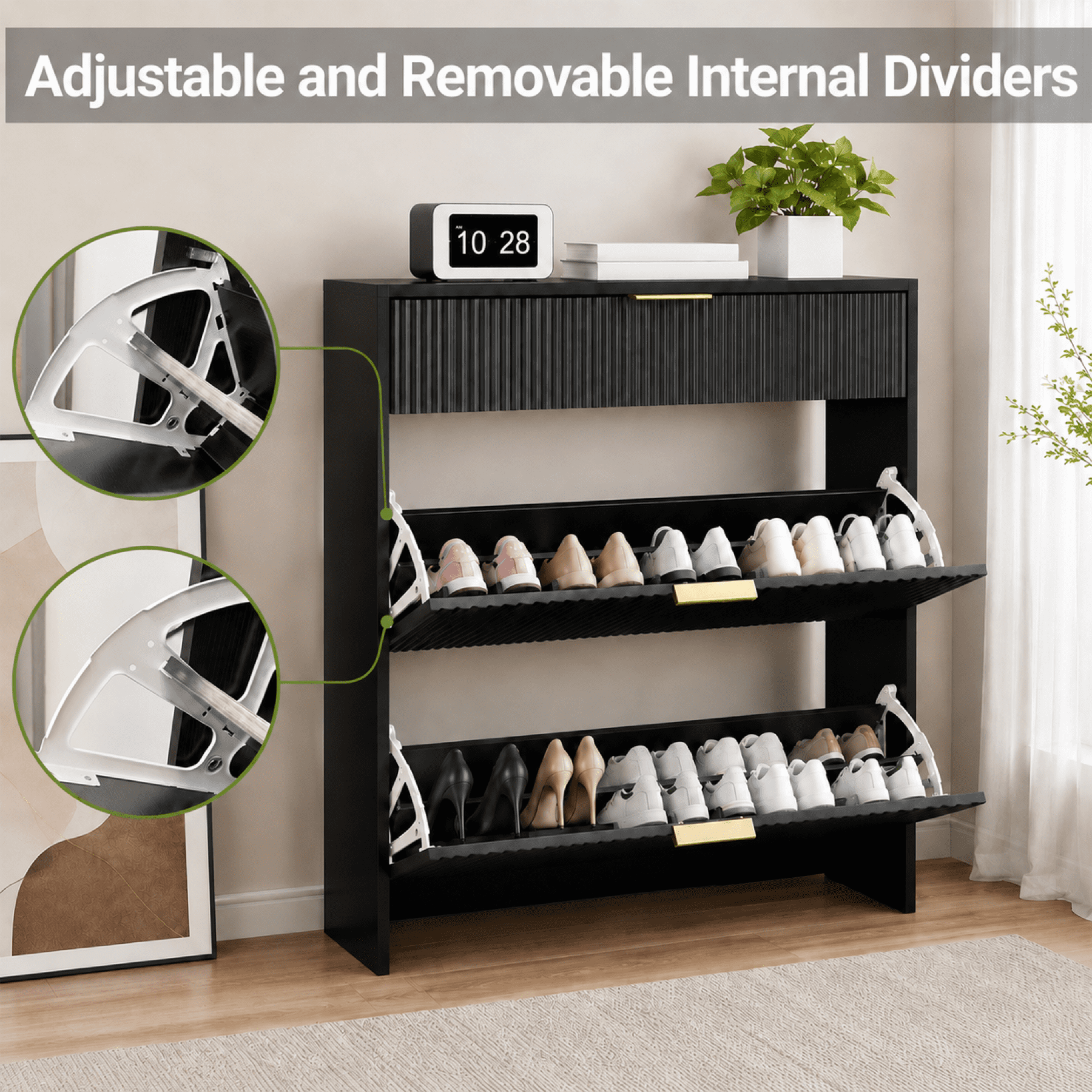 Leumius Shoe Cabinet with 2 Flip Drawers and 1 Drop-Down Drawers,Hidden Wood Shoe Cabinet,Freestanding Shoe Storage Cabinet for Entryway Hallway,Black