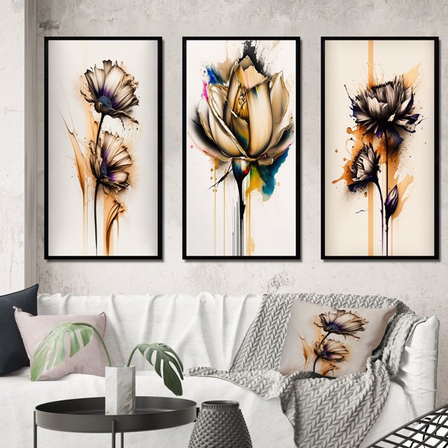 Designart "Orange Gerbera on Abstract Fusion II" Floral & Botanical Framed Wall Art Set Of 3 - Orange Gerbera Frame Gallery Wall Set For Home Decor