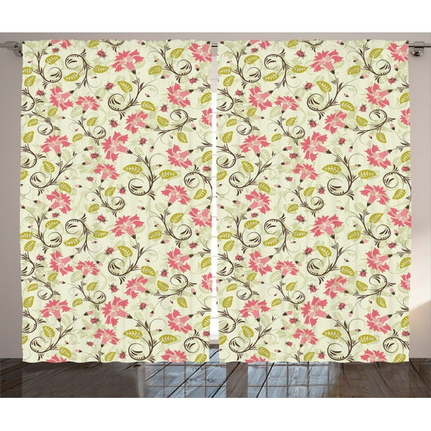 Floral Curtains 2 Panels Set Curving Flower Design With Ladybugs And Retro Features Small Beetles Theme Living Room Bedroom Decor Light Green Pink By Ambesonne Walmart Com Walmart Com