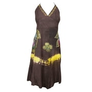 Mogul Womens Halter Dress  Brown  Tie-Dye Floral Embroidered Hippie Gypsy Dresses M