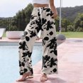 thumbnail image 5 of Wutalume Women's Retro Floral Print Wide Leg Pants, Casual Drawstring Beach Trousers with Pockets, Loose Flowy Spring Bottoms for Travel,Khaki XL, 5 of 6