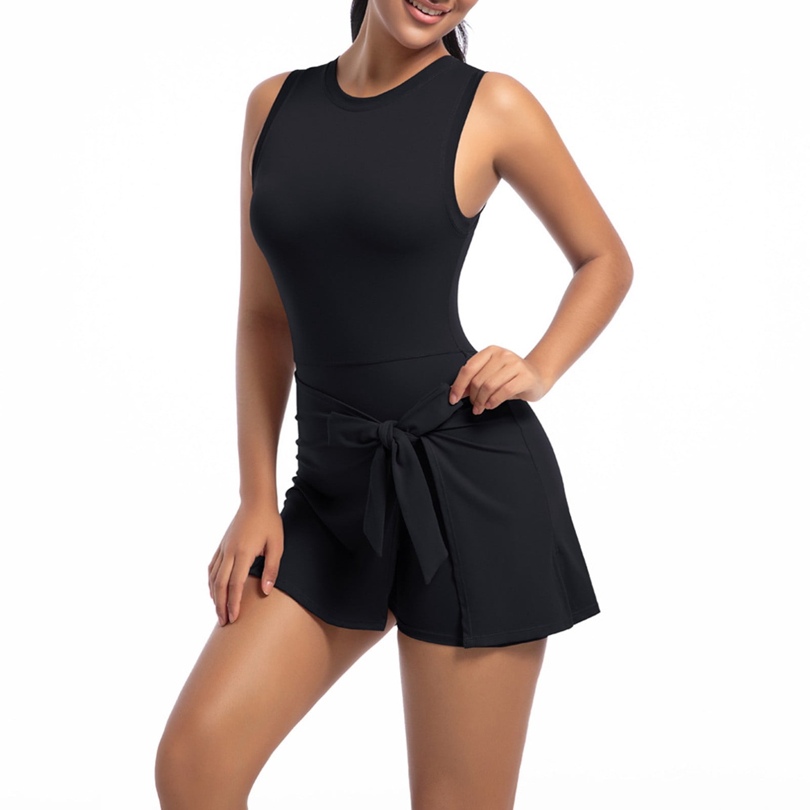 Neewe Womens Tennis Dress Workout Mini Dress with Sleeveless Straps TIe Tunic Waist Athletic Dresses