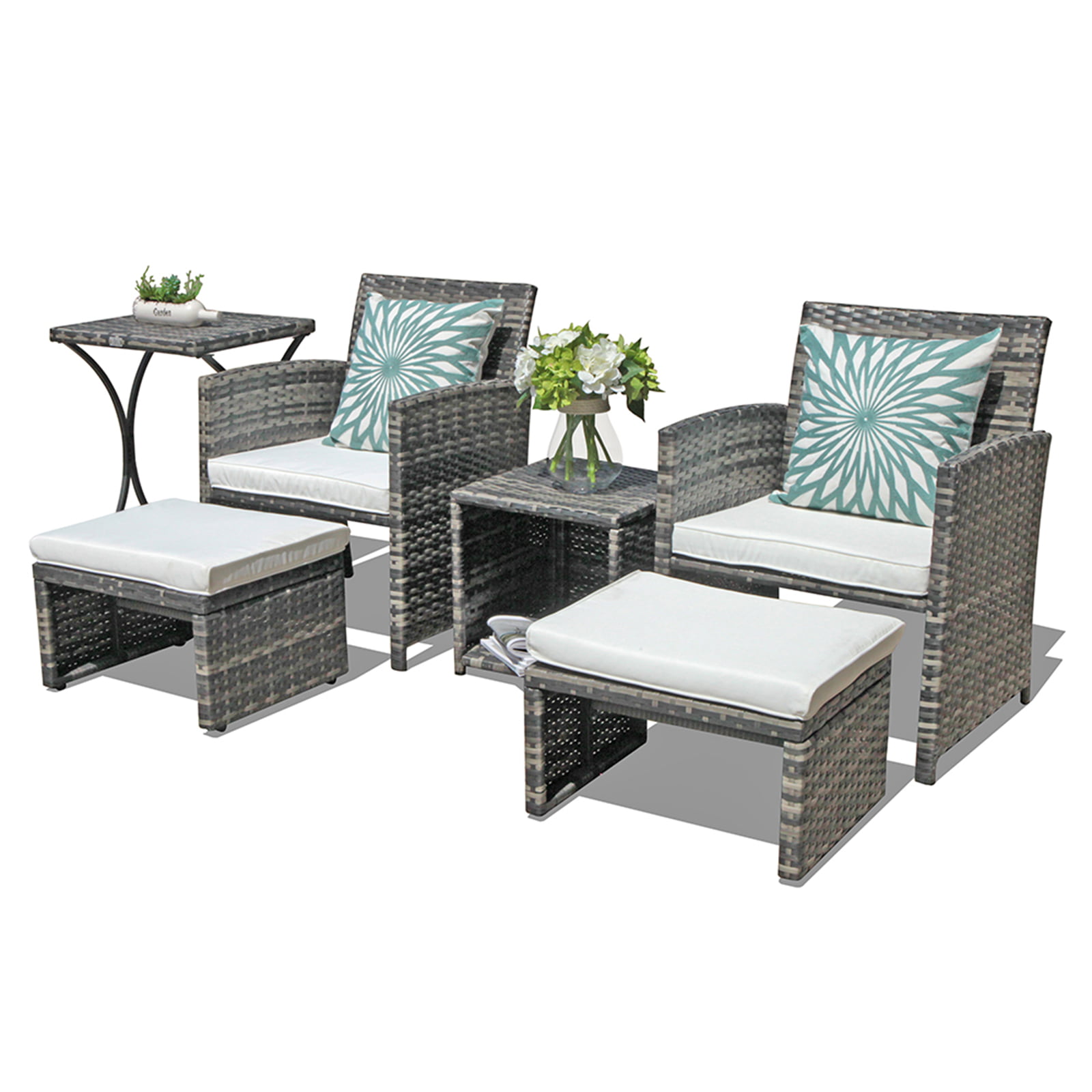 OC Orange-Casual 5 Pcs Outdoor Rattan Wicker Bistro Set All Weather Conversation Set with Ottoman& Coffee Side Table 