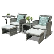 Orange-Casual 6 Pieces Patio Furniture Conversation Set with Ottoman Grey Wicker Patio Set with Footstools