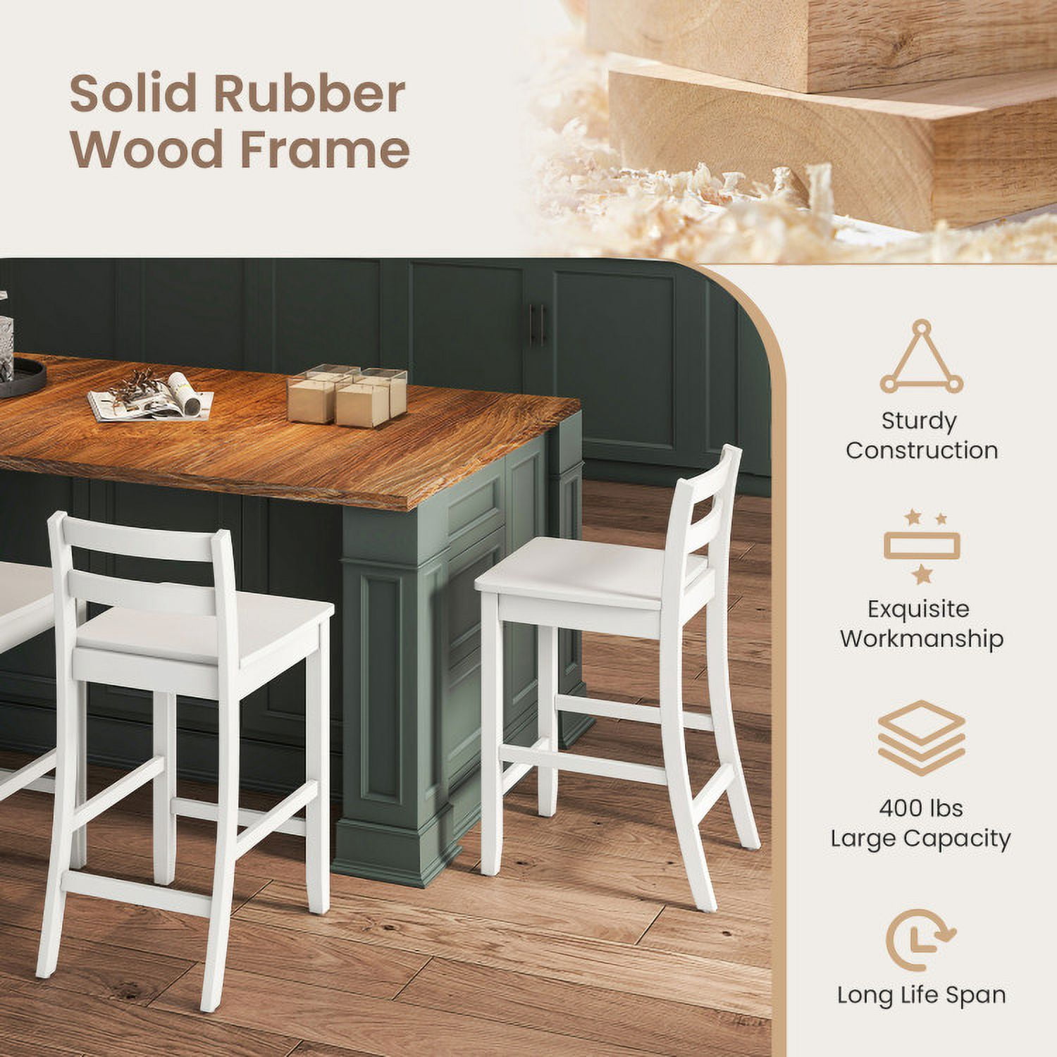 Spaco Wooden Bar Stools Set of 2 with Ergonomic Backrest and Footrest-White, Bar Height Stools, Counter Height Bar Stools for Kitchen, Dining Room