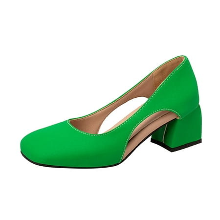 

SEMIMAY Ladies Fashion Solid Color Leather Hollow Square Head Casual Thick High Heeled Shoes Green