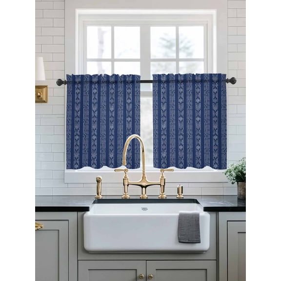 Navy Blue Striped Sheer Kitchen Tier Curtains 24 Inch length,Rod Pocket Half Curtains Short Drapes,Modern Abstract Art Geometric Stripes Light Filtering Small Window Treatments 2 Pcs 27.5"W x 24"L