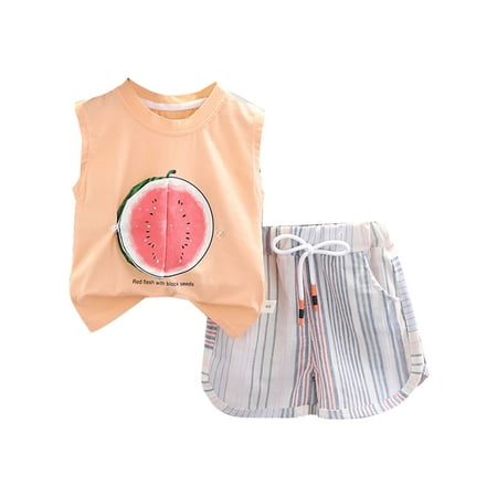 

Toddler Little Boys Summer Outfits Two Piece Summer New Sleeveless Watermelon Print T Shirt + Tie Shorts Clothes Size 90 Orange