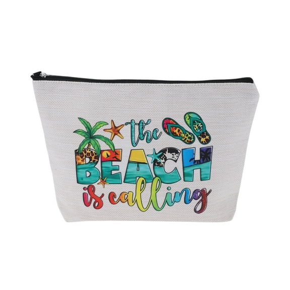 Unique Bargains 1 Pc Linen Printed Makeup Bag for Travel Wedding Business  White Flax