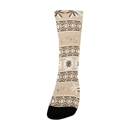 

Animal Decor Tribal Ethnic Safari Pattern with Elephants and Palm Trees Illustration Tan and Brown Women s Custom Socks (Made In USA)
