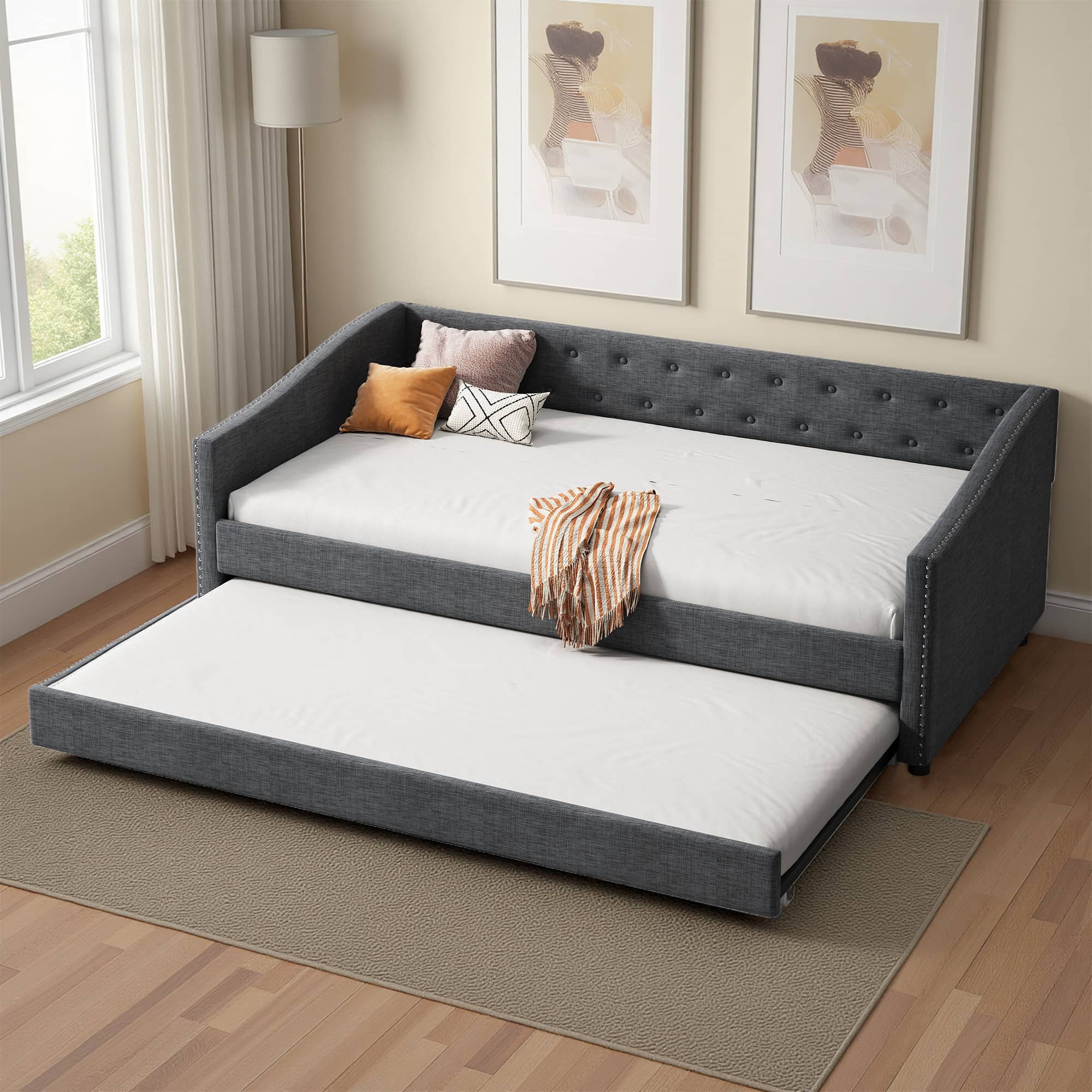 MAYEERTY Twin Size Upholstered Tufted Sofa Bed with Drawers, Dark Grey