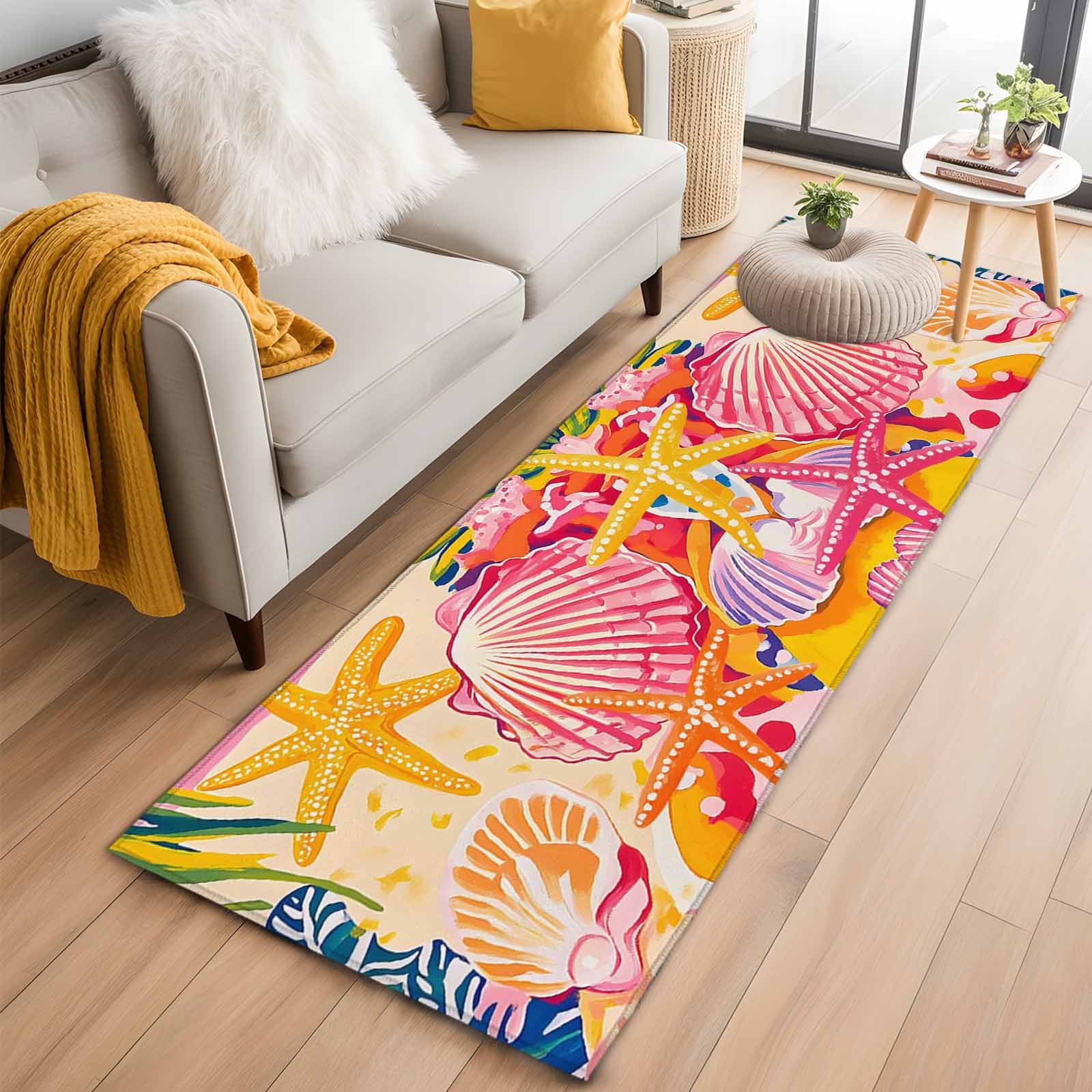 Coastal Summer Runner Rug 2 x6 Yellow Starfish Pink Shell Watercolor Beach Abstract Hallway Runner Rugs Washable Non-Slip Bedside Floor Mats Carpet for Kitchen Bedroom Laundry Room Bathroom