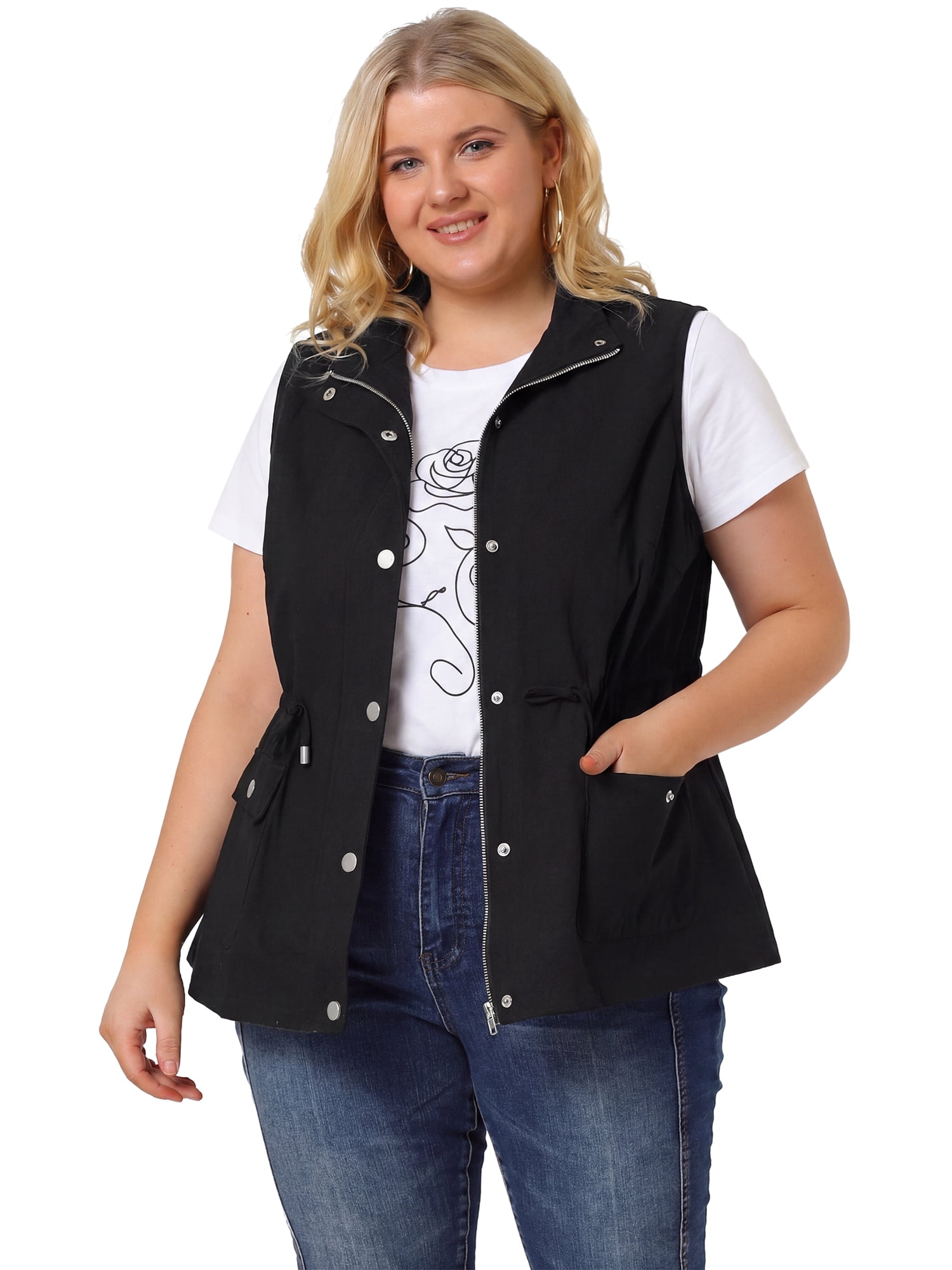 DARING DIVA Women's Plus Size Lightweight Sleeveless Anorak Cargo Vest 5X Black