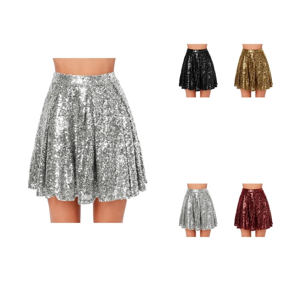 Women's High Waist Pleated Sequin Skirt, Sparkly Stretchy A-Line Flowy Swing, Solid Color, Mini Size