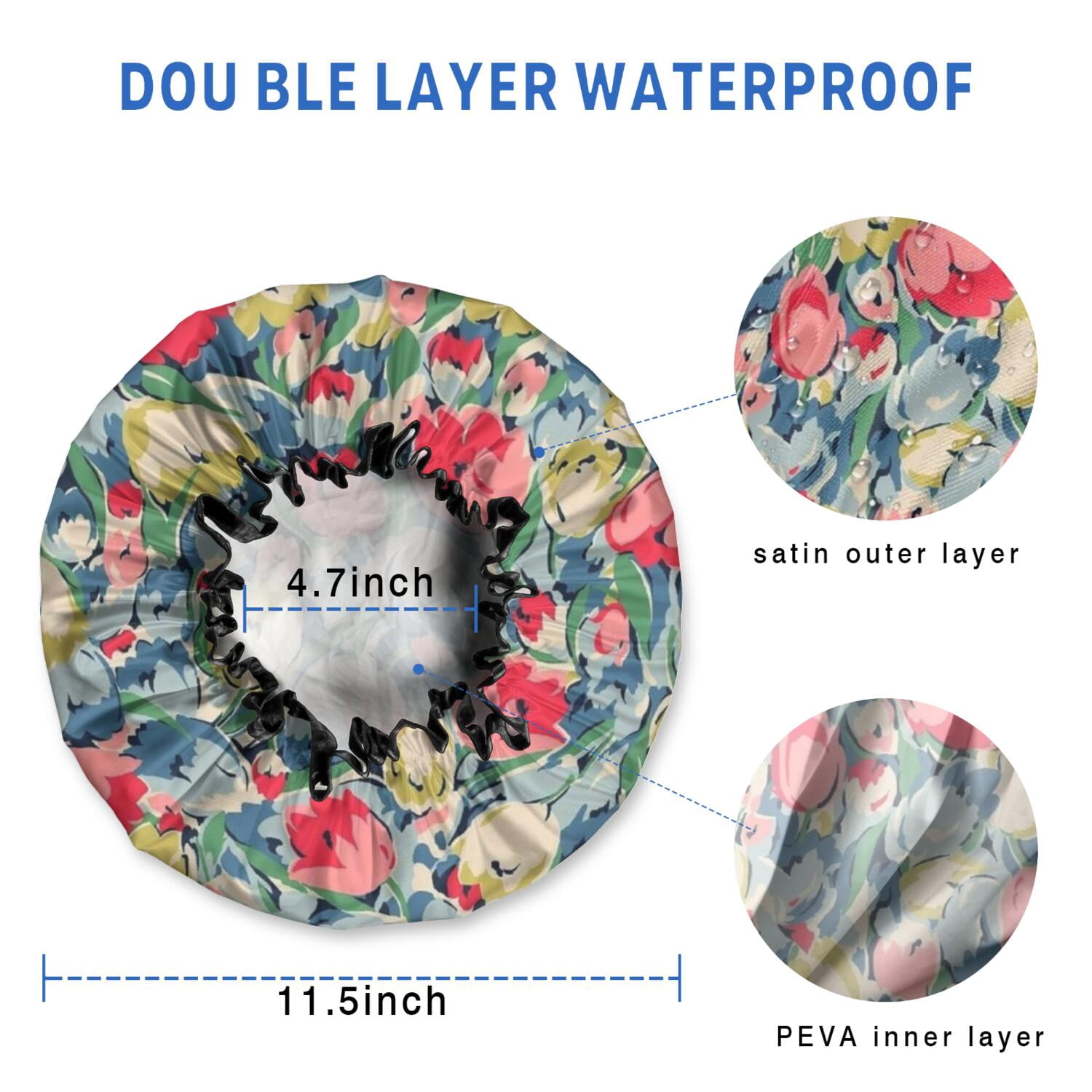 Shower Caps,Pioneer Flower Floral Print Pattern Waterproof Shower Cap for Women 4 Pieces,Double Reusable Hair Cover for Shower PEVA Elastic Stretch Hem