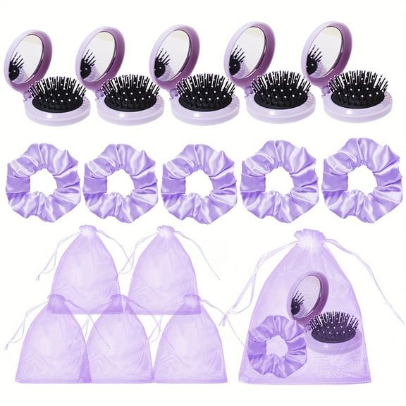 15pcs/5Sets Pink Bow Party Favors-5 Pcs Pink Bow Folding Mirrors, Hair Brushes Mini Travel Hair Brush, Mirror 5Pcs Hair Scrunchies Satin Hairbands,5Pcs Organza Bags for Girls Coquette Party Favor