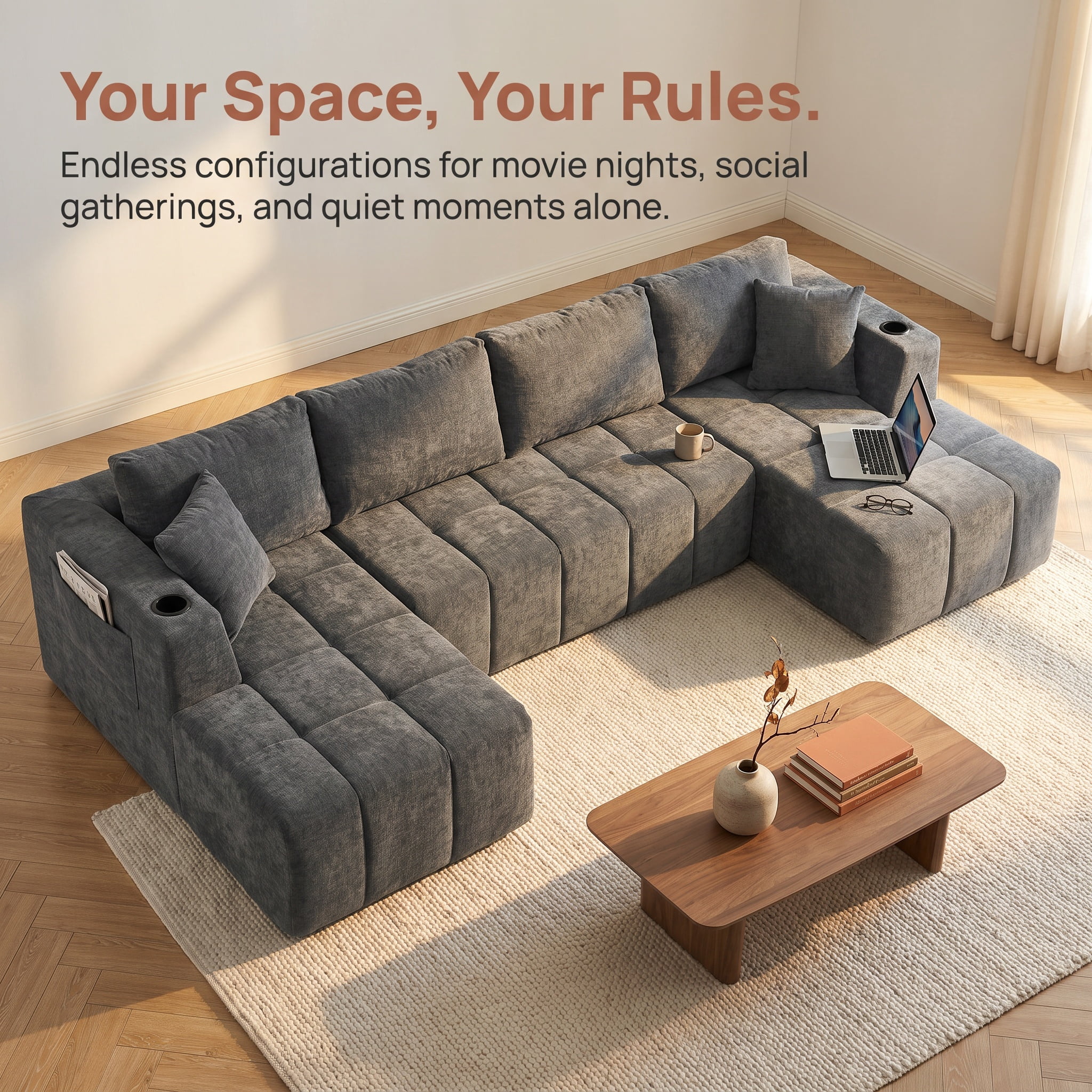ShiKeyi 132.5" Modern U-Shaped Modular Sectional Sofa with Double Chaise, Premium Chenille Fabric Cloud Couch Set with Cup Holders & Storage Pockets for Living Room, Dark Gray